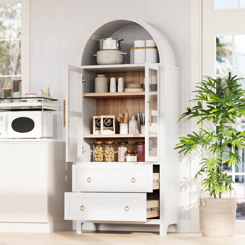 71-Inch Tall Pantry Cabinet With Arched Design, Two-Tone Color, And Metal Smooth Slides For Quiet Efficient Storage Modern Top Glass Doors, Hinges, Kit Safe Attractive Home Solution