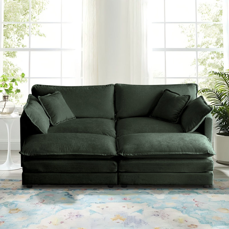 Comfy Modular Coush Loveseat Sofa With 2 Ottoman, Green
