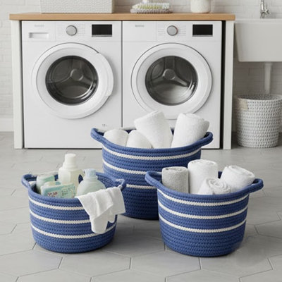 Ensemble de 3 paniers avec poignées intégrées Tex, bleu, blanc, coton 10,9,8 pouces