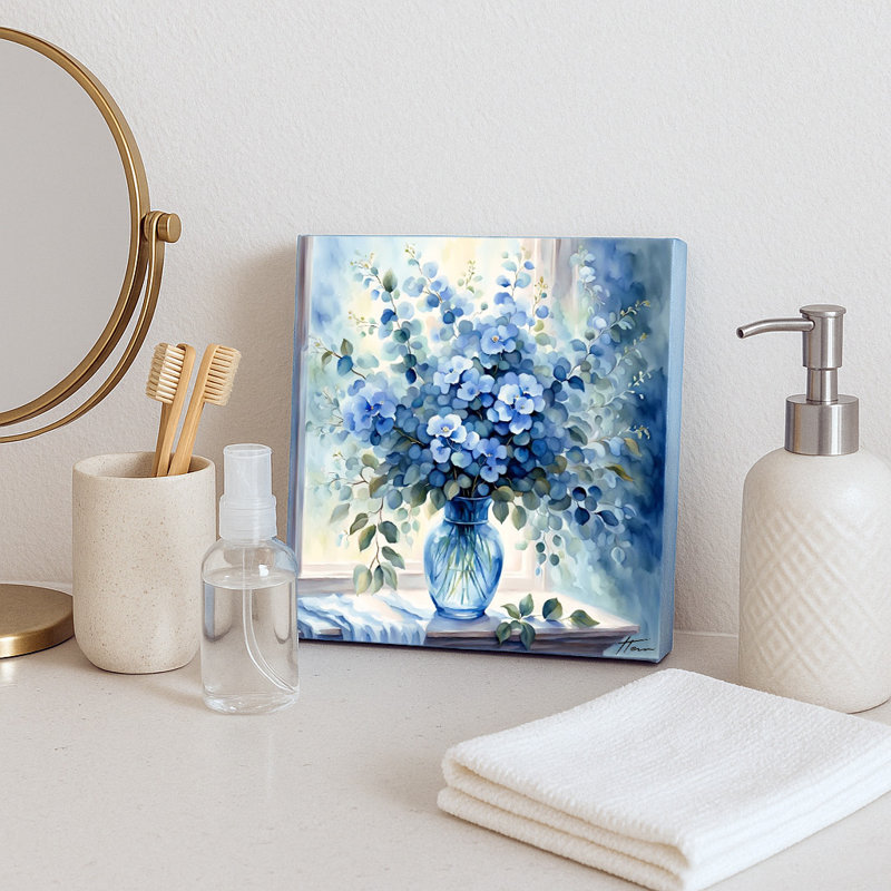 Élégant arrangement floral bleu dans un vase en verre, art mural, H 12 po x l 12 po x P 1 po