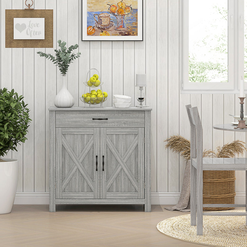 Farmhouse Sideboard Buffet Cabinet, Barn Door Coffee Bar Cabinet with Adjustable Shelf, Stone Gray 