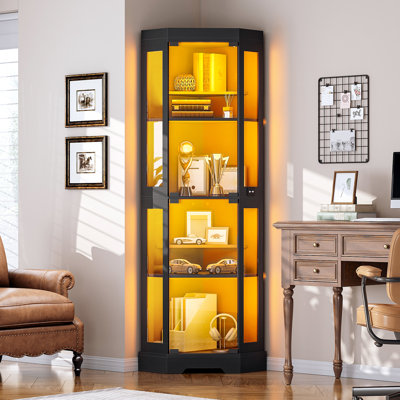 Corner Display Cabinet with Glass Doors, Corner Cabinet with 3 Color LED Lights