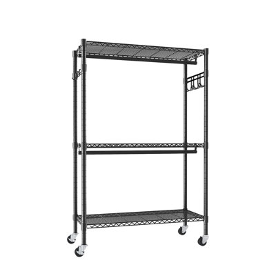Rolling Clothes Rack, Heavy Duty Clothes Rack with Wheels, 3 Tiers Adjustable Wire Shelving Clothes Rack with 2 Clothes Rails and Side Hooks, Freestanding Portable Closet Organizer