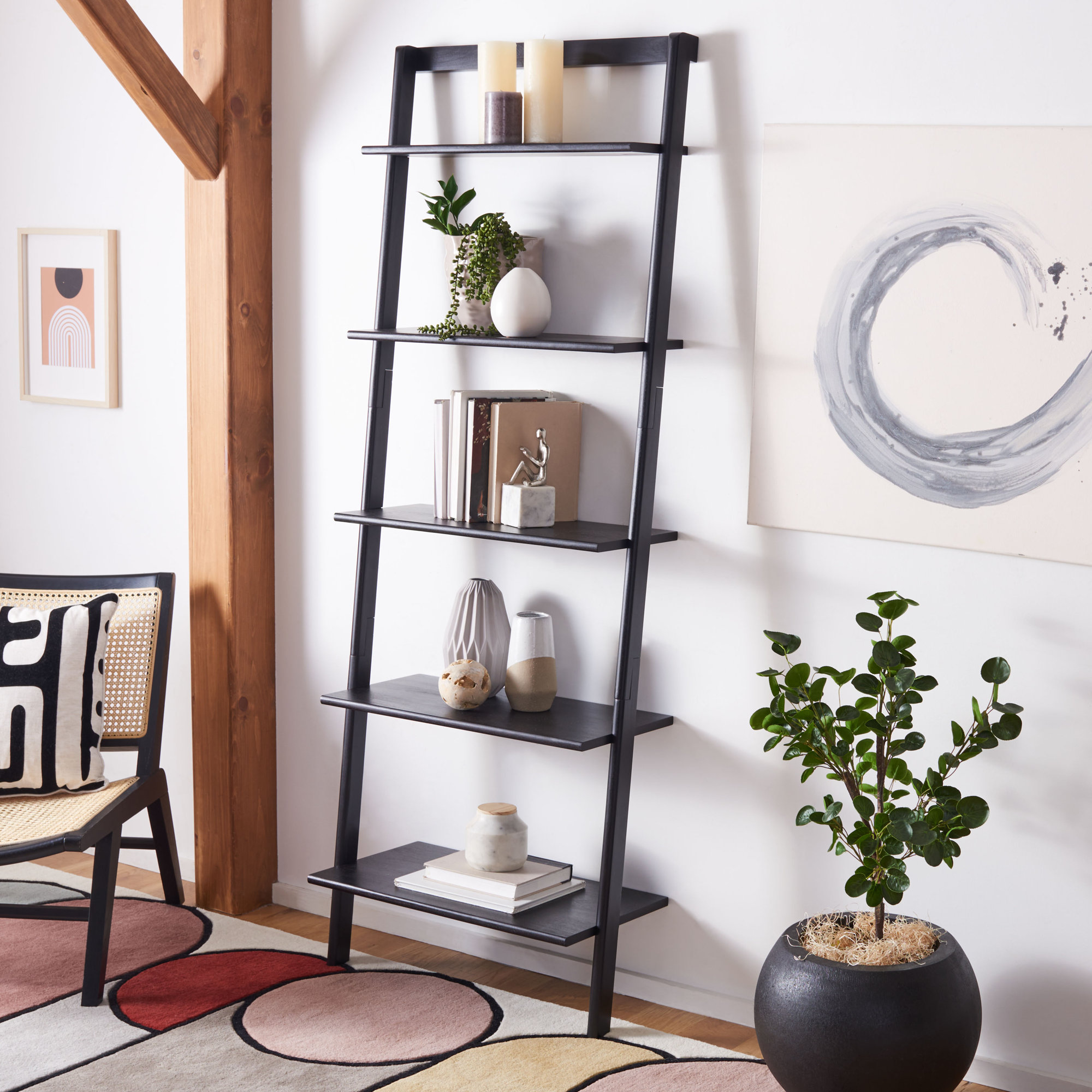 Joe Ladder Bookcase, 76" H x 28" W x 14" D, Black