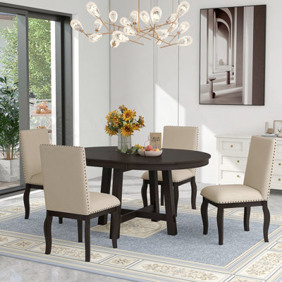 5-Piece Dining Table Set Wood Round Extendable Dining Table And 4 Upholstered Dining Chairs