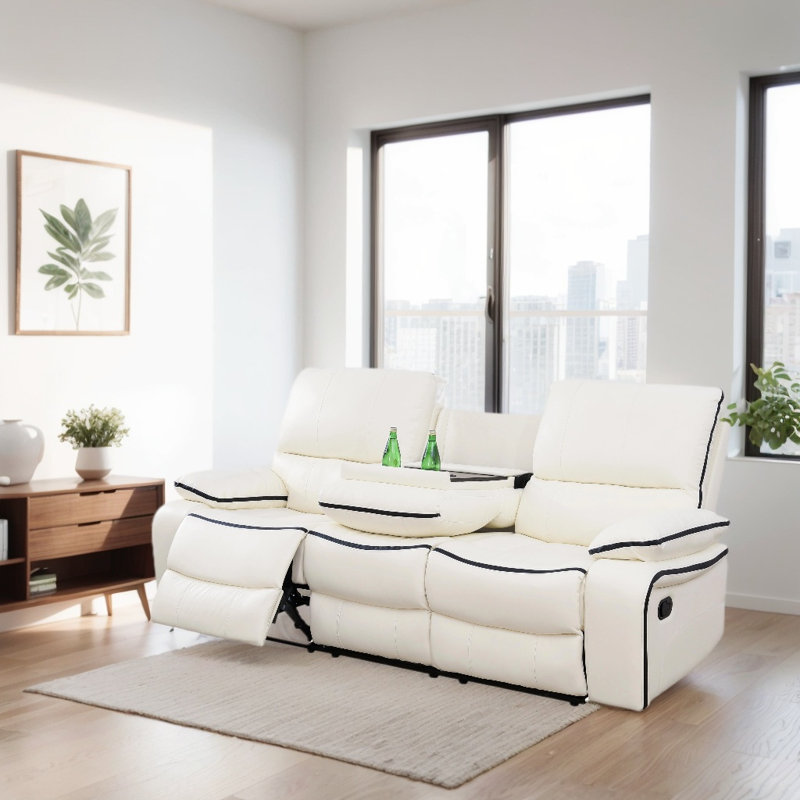 87" Premium Vegan Leather Reclining Living Room Sofa With Drop Down Table And Cup Holders