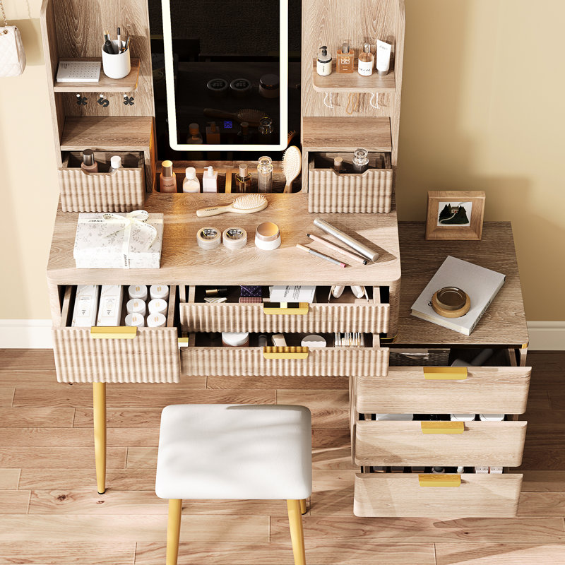 7 - Drawer Vanity With Led Mirror, Design, Fluted Panel, Metal Legs And Cushioned Stool Salon Quality Lighting, Tangle Storage, Corrosion Mirror Desk Drawers, Makeup Table, Handles, Pu For Bedroom