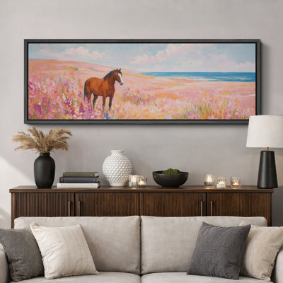 Colorful Horse Meadow Landscape Artwork, Living Room Pictures, Framed Canvas Giclee Print Wall Art