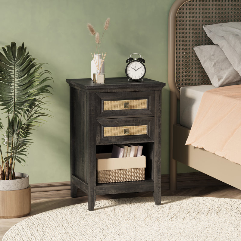 Azarius 27'' Rattan Nightstand With 2 Drawers, Dark Gray, Individual
