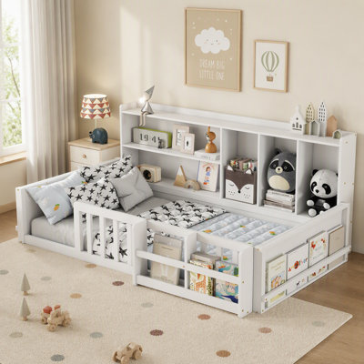Wooden Platform Bed Frame with Guardrail Fence and Storage Shelves