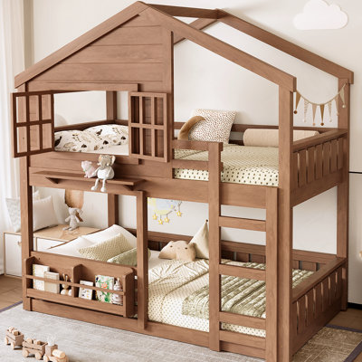 Twin Size Bunk Bed/Loft Bed With Bookshelf, House Design, High-Quality Safety Fencing,Natural