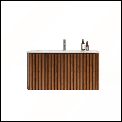 30 Inch Striped Walnut Bathroom Vanity with Integrated Carrara White Ceramic Sink, Wall Mounted Floating Design for Modern Bathrooms