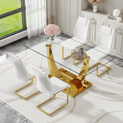 Ensemble de table de salle à manger de 63 po en verre pour 4 personnes, ensemble de table de salle à manger pour 4 personnes, table de cuisine moderne et chaises en cuir synthétique pour 4 personnes, table de salle à manger avec plateau rectangulaire en verre trempé et base dorée.