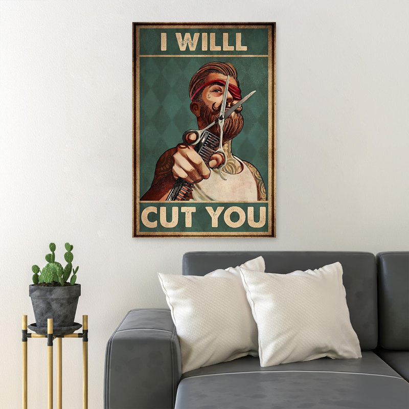 «Man With Comb and Scissors - I Will Cut You», reproduction d'art graphique sur toile tendue, L 16 po x H 20 po x P 1,25 po
