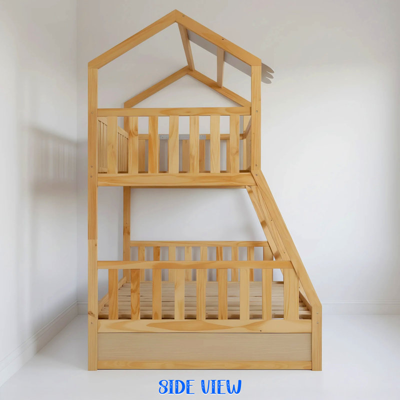 Twin Over Full Solid Wood House Bed for Kids With Drawers And Guardrail, Night Sky Inspired Design, Natural/Navy Blue/White