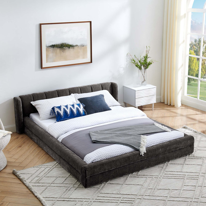 Upholstered Bed Frame with Thick Fabric, Dark Gray