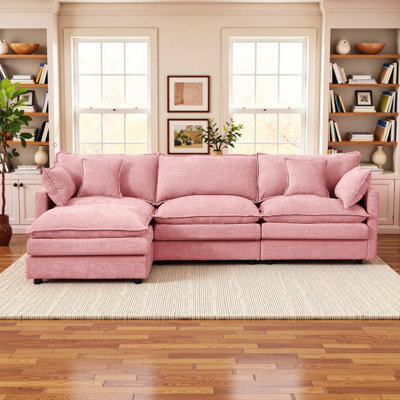 110'' Wide L-Shaped Living room sofa, Modular Sectional Sofa, 4 Seater Sofa Comfy Cloud Couch Chenille Upholstered Sofa with Ottoman,Pink
