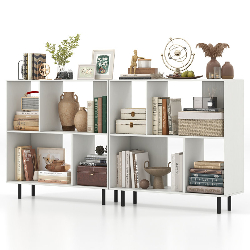 2PCS 4 Cubby Open Bookcase 3-Tier Freestanding Bookshelf w/ Detachable Metal Legs, White