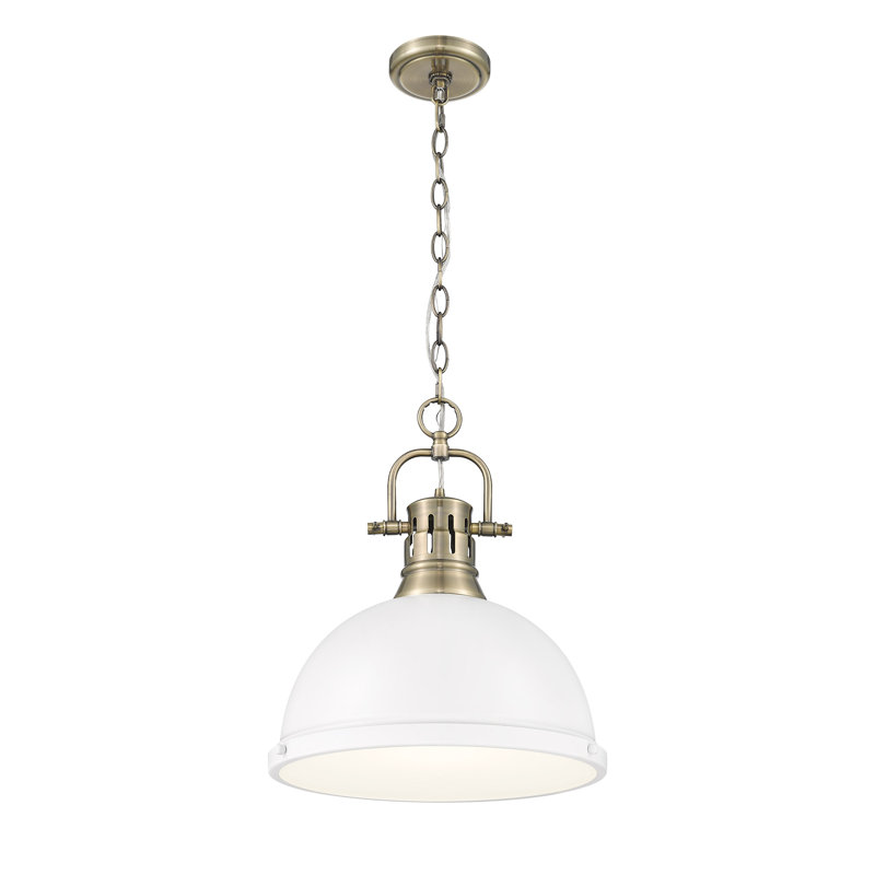 Luminaire suspendu 1 lumière avec chaîne Cajoux, Laiton vieilli, Blanc mat, H 14 po x l 14 po