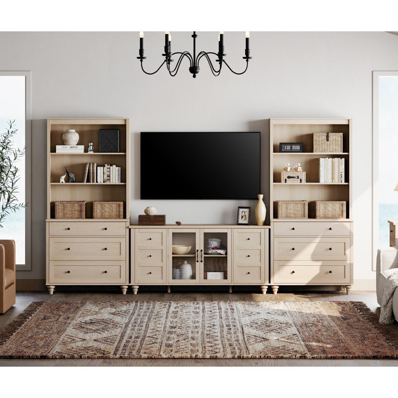 Entertainment Center With Bookshelves With Glass Doors& Drawer, Farmhouse Wall Unit TV Stand For Tvs Up To 65", Media Console Table For Living Room, Bedroom & Home Theater, Light Beige