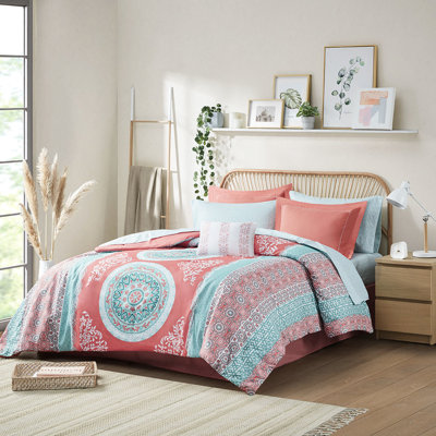 Ensemble de literie Twin XL avec couette - Imprimé médaillon corail, rembourrage, imprimé corail, microfibre douce, bordure brodée, drap-housse