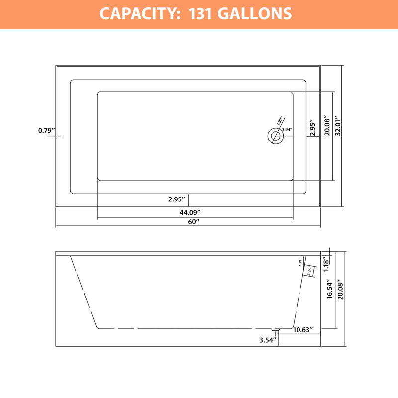 60x32 Alcove Tile-In Acrylic Bathtub Dimension Blueprint