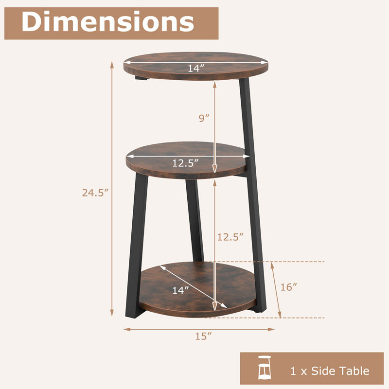 1 Pcs 3-tier Round Side Table With Metal Frame & Adjustable Foot Pads Nightstand, Set of 2