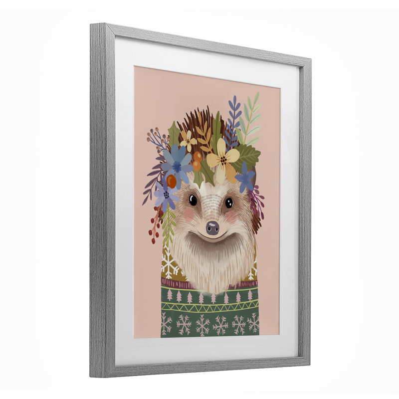 «Folk Hedgehog with Florals», reproduction encadrée sous verre, design par Mia Charro, Cadre de ferme gris, H 16 po x l 13 po