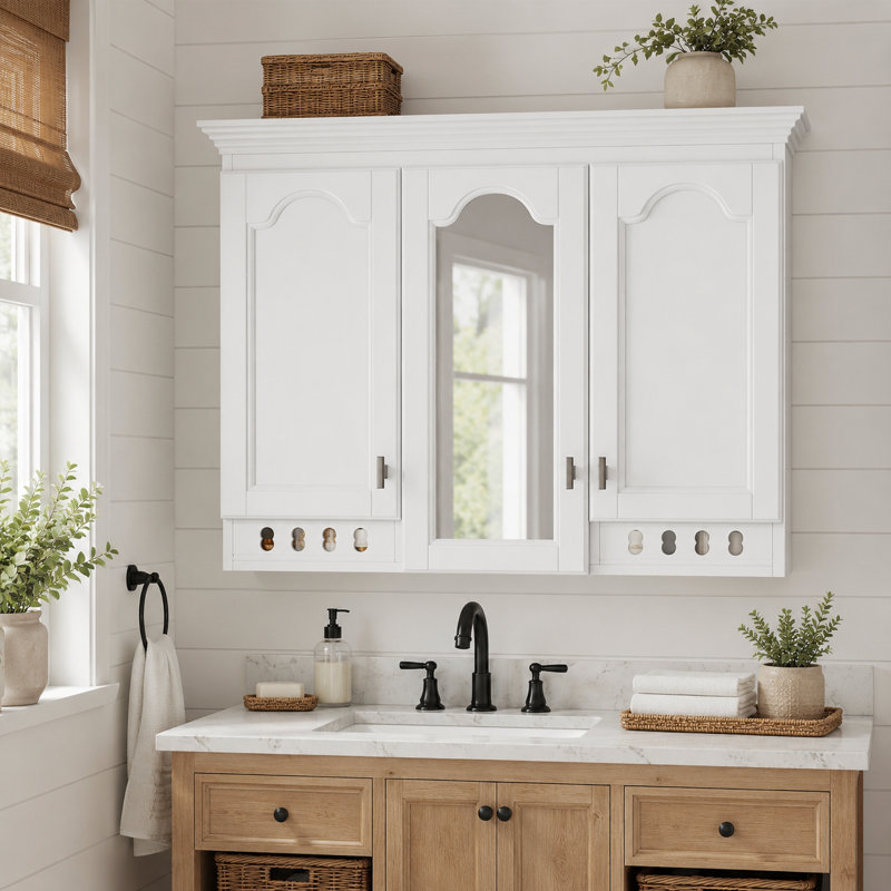 Armoire de salle de bain moderne à 3 portes avec rangement dissimulé, tablettes réglables et portes décoratives encadrées