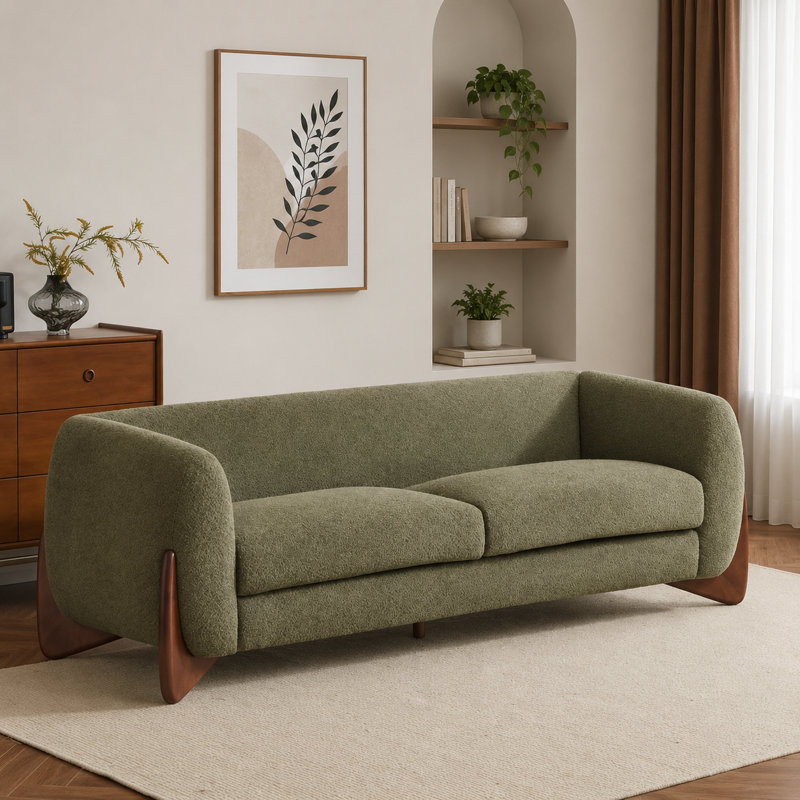 82Inches Boucle Sherpa Sofa -Olive Green, Olive Green Boucle
