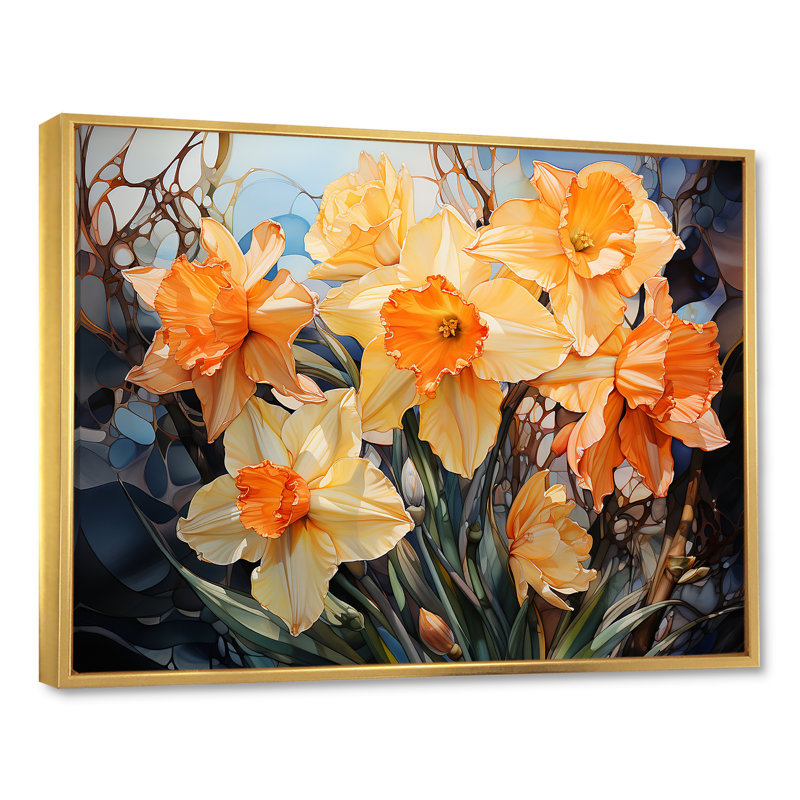 " Orange Daffodils Efflorescence ", 30" H x 40" W x 1.5" D, Gold Floater Framed