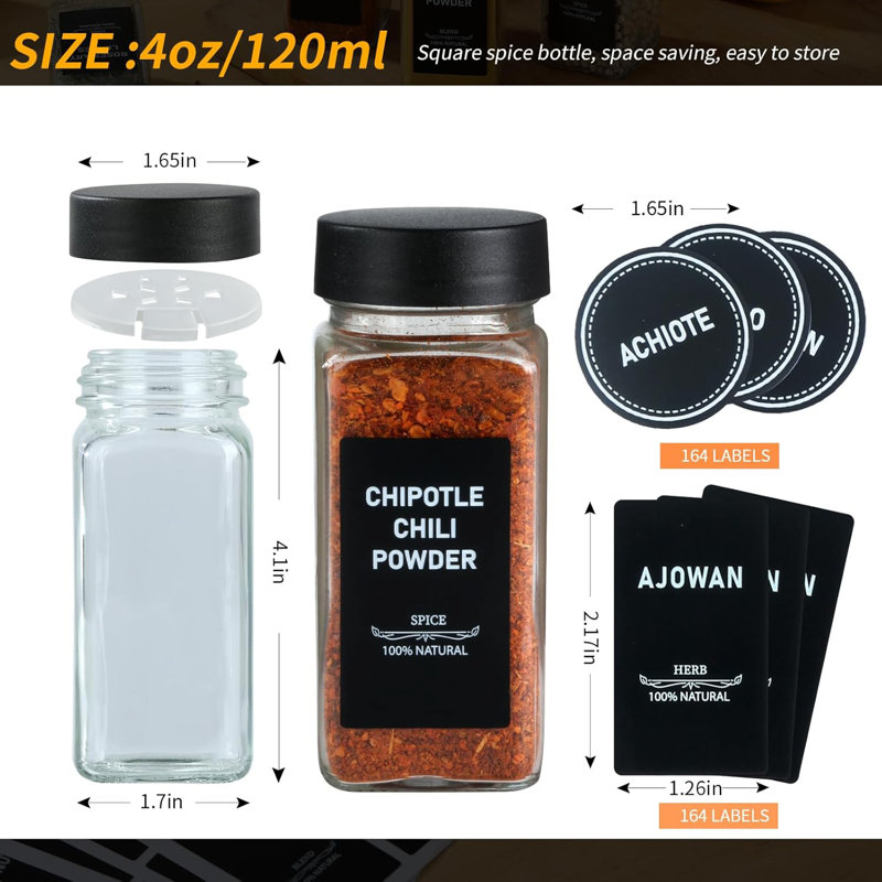 24 pots à épices avec étiquettes, 4 bouteilles d'assaisonnement noir avec couvercles à shaker pour support