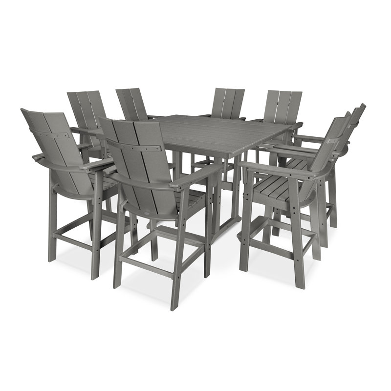 POLYWOOD Modern Curveback Adirondack 9-Piece Farmhouse Trestle Bar Set, Slate Gray