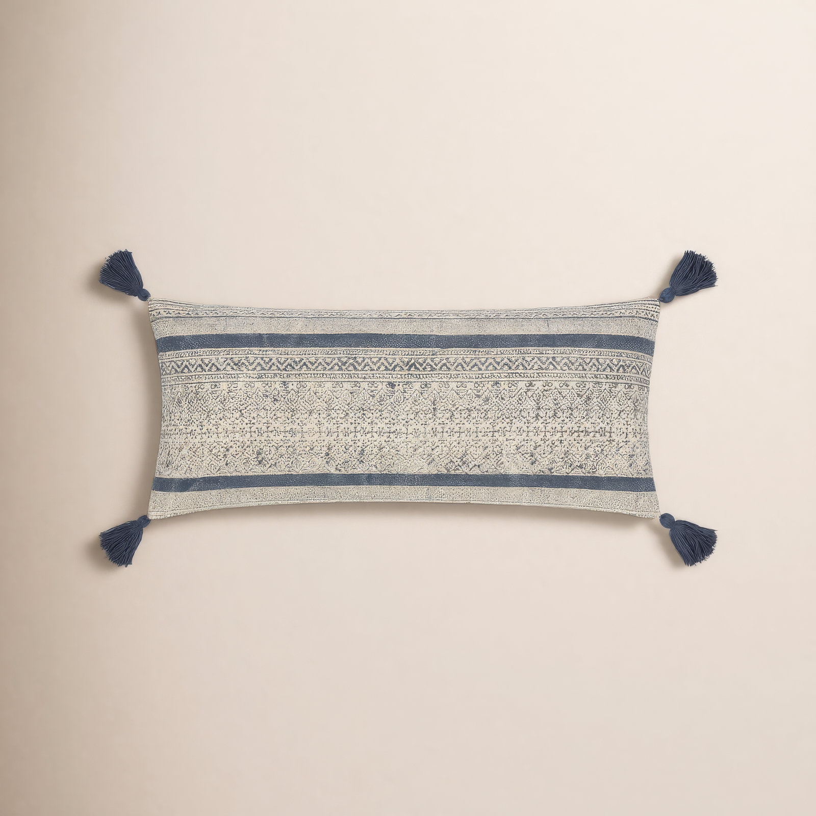 Zetta Tassels Cotton Lumbar Throw Pillow, Down, Beige/Denim