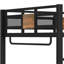 Lit mezzanine double en métal noir avec bureau intégré, rangements en tissu non tissé, structure robuste, échelles sécurisées dans les tiroirs, construction en acier pour un sommeil silencieux et facile à monter.