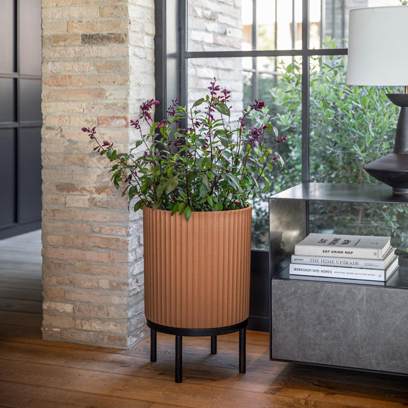 Plastic-Concrete Round Planter with Stand, Terracotta
