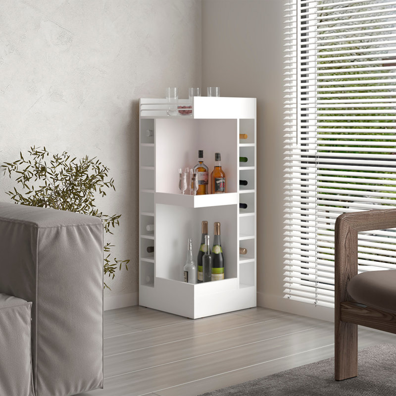   Bar d'angle avec support à vin et tablette ouverte, Blanc, H 45,9 po x l 18,3 po x P 18,3 po