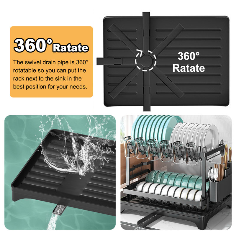 Black 2-Tier Foldable Metal Dish Drying Rack with Utensil Cup