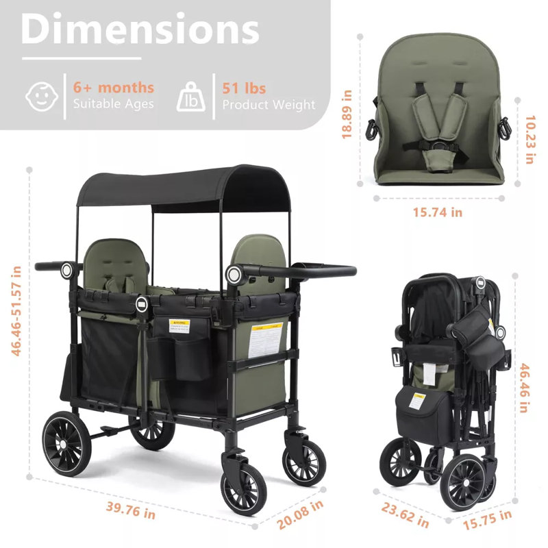 Folding Wagon Stroller for 2 Kids, Adjustable Handle, All-Terrain Shock-Absorbing Wheel, Detachable Tray, Diaper Bag, Black-Green