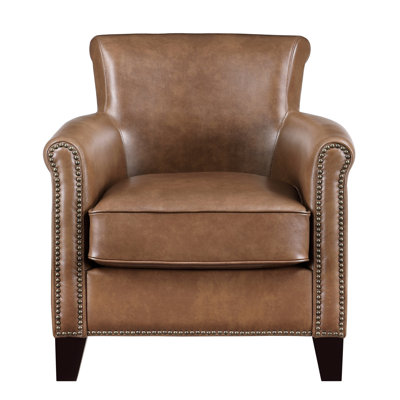 Brown Leather Accent Chair With Pocket Coils, Solid Wood Frame, Supportive Spacious Seat Cushion