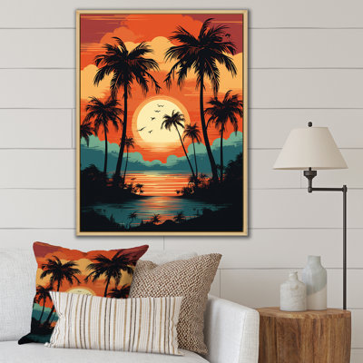 Soleil couchant sur des palmiers, illustration rétro sur toile