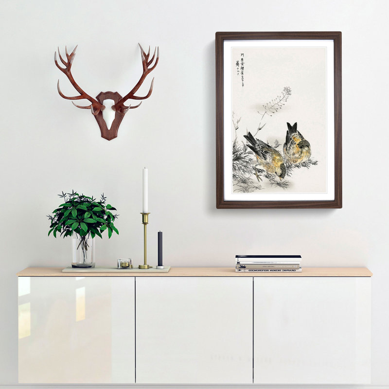 Two Japanese Greenfinch Birds by Numata Kashu - Picture Frame Painting Print, Walnut Framed, 65cm H x 48cm W x 2cm D