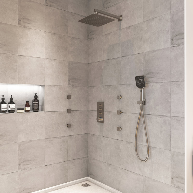 Système de douche thermostatique mural 3 fonctions 12 pouces avec 6 jets de corps, Nickel brossé