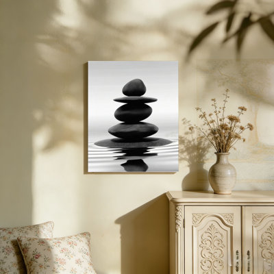 Black and White Zen Stones in Water Canvas,Built-in Back Wood Frame Wall Art 36" x 24" Home Accent Decor