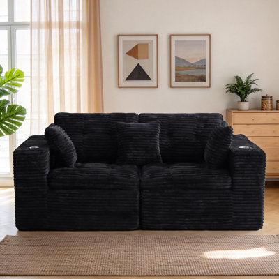Causeuse en velours côtelé 77,96 po, canapé modulaire modulaire, canapé rembourré à 2 places à siège profond semblable à un nuage, aucun assemblage requis, mobilier confortable peu encombrant pour le salon, noir