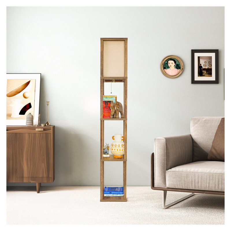 Lampe sur pied avec tablette et abat-jour en bois naturel Pinnacle
