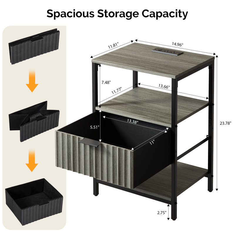 15 Inches Wide Nightstand - 1 Drawer, 2 Shelves, US Power Outlet, Gray Oak/Black