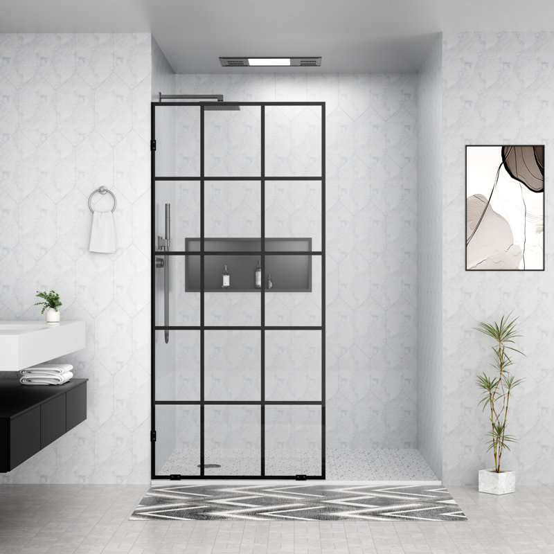 Panneau de douche fixe sans cadre de 91,4 cm (L) x 198 cm (H), motif quadrillé noir, verre trempé nano-revêtu pour douche à l'italienne