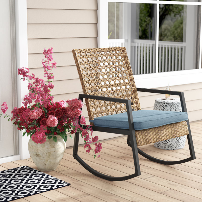 Dolezal Metal Outdoor Chair, Light Brown Frame/Blue Cushion
