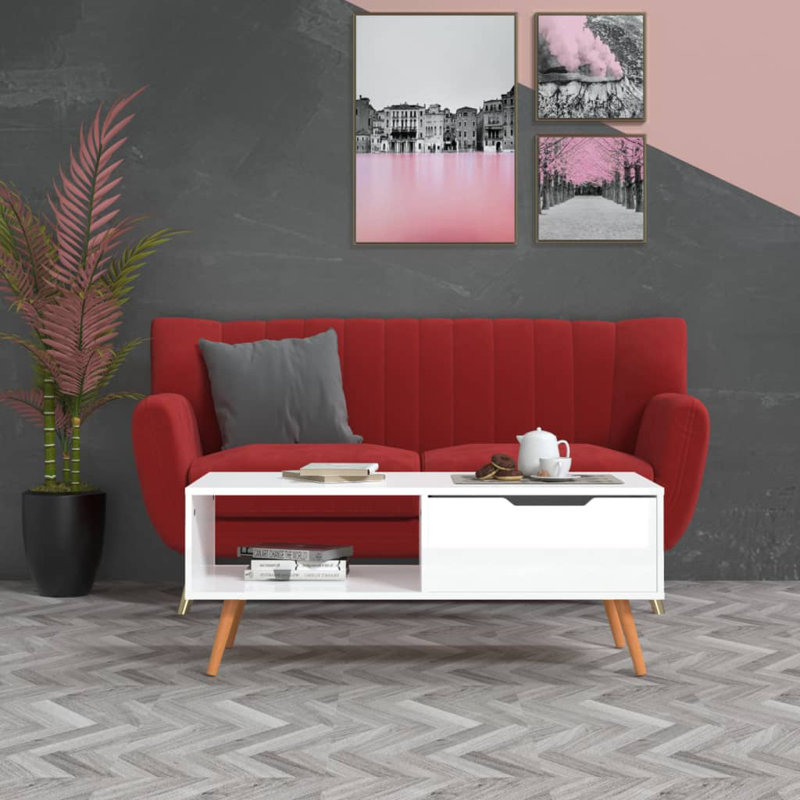 Jakylie Manufactured Wood Frame Single Coffee Table with Storage, High Gloss White